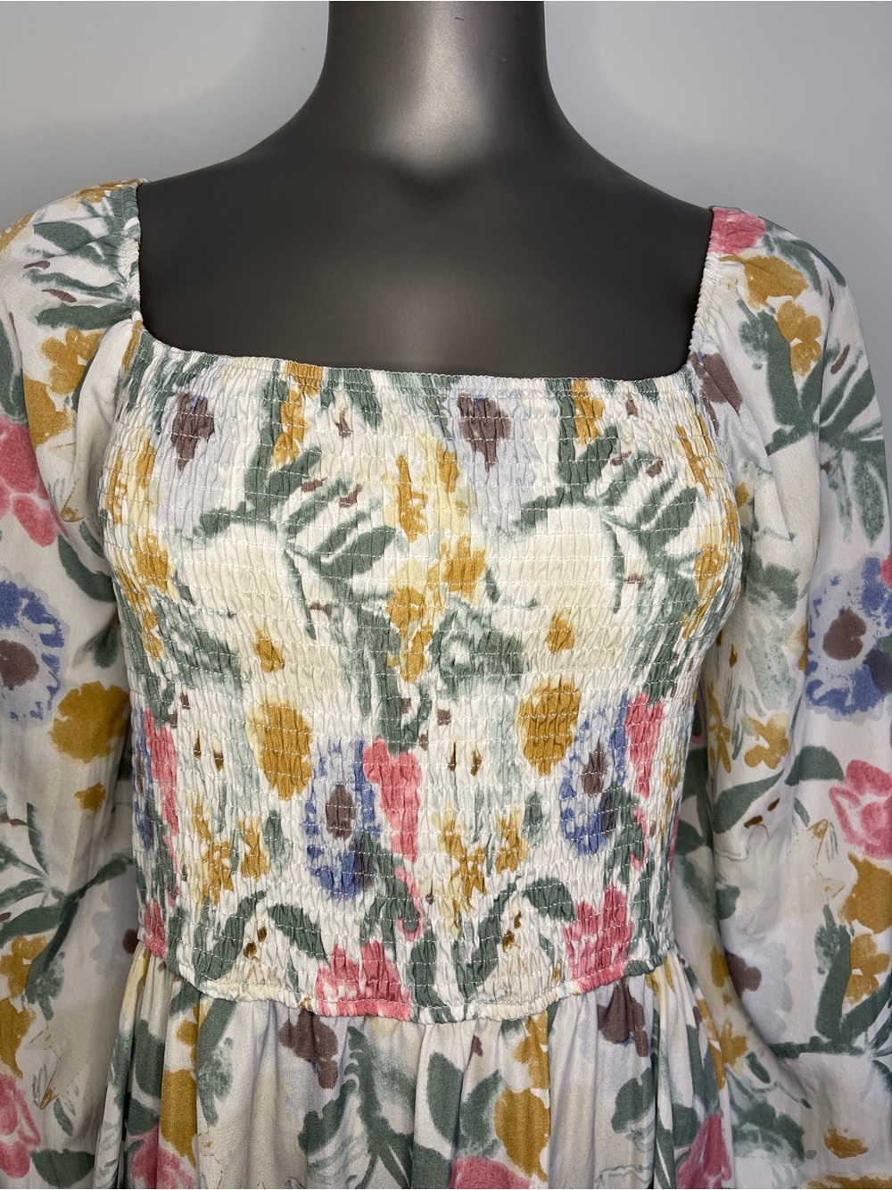 Simplee Plus Dress 3XL Smocked Midi Tiered Skirt Multi Floral Square Neck Bishop - Picture 5 of 10